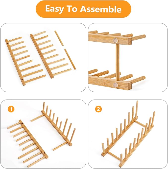 HBlife 4pcs Heighten and Widen Bamboo Dish Drying Rack Plate Bowl Cup Book Pot Lid Cutting Board Stand Drainer Storage Holder Organizer for Kitchen Cabinet