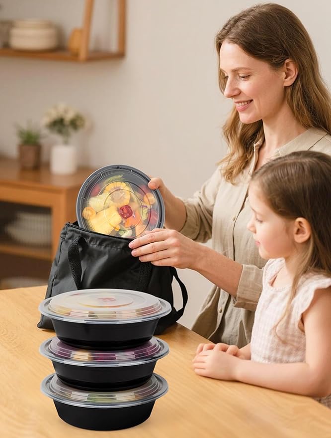 Meal Prep Containers with Lids - 50 Pack 32 oz Round Meal Bowls, Microwave, Freezer, Dishwasher Safe, BPA-Free To-Go Food Storage Containers