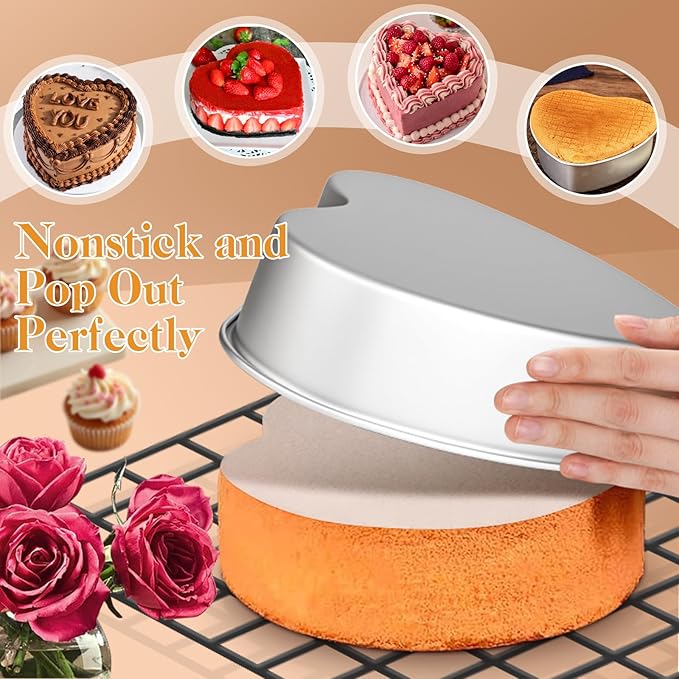 8 Inch Heart Shaped Cake Pans with 50 Pieces Parchment Paper,Set of 2 Non-stick Aluminum Heart Cake Pans Baking Tins for Birthday Wedding