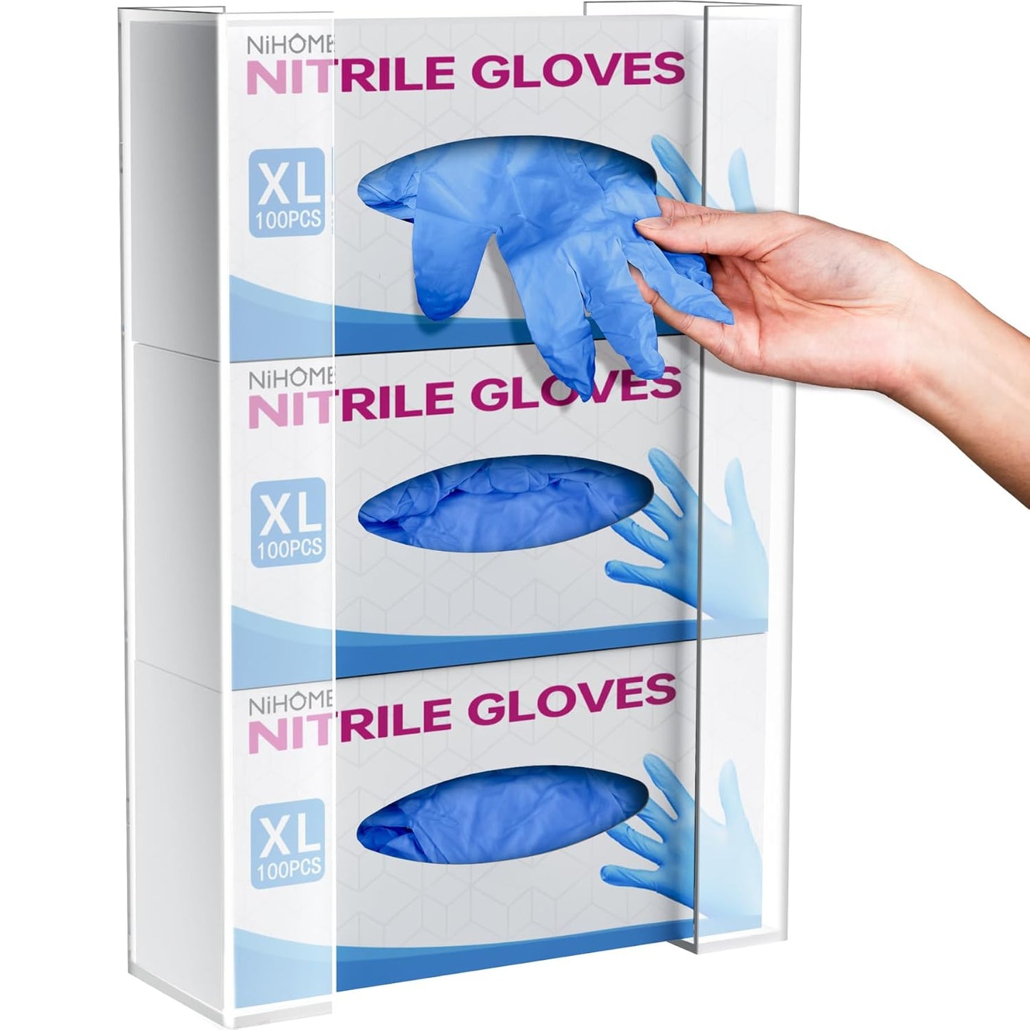 NiHome Multi-Tier Clear Acrylic Wall Mount Glove Box Holder Tissue Box Dispenser for Kitchen, Bathroom, Garage, Lab, Salon, Space-Saving Adjustable Organizer for Gloves, Tissues, Baby Wipes (3-Tier)