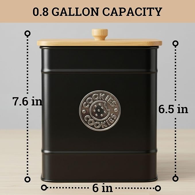 Cookie Jar with Airtight Lid - 1 Gallon - 6"D x 8"H Black Iron Cookie Tin with Bamboo Lid - Large Cookie Jars with Lids Airtight - Farmhouse Cookie Jars for Kitchen Counter Decorative - Cookies Jar