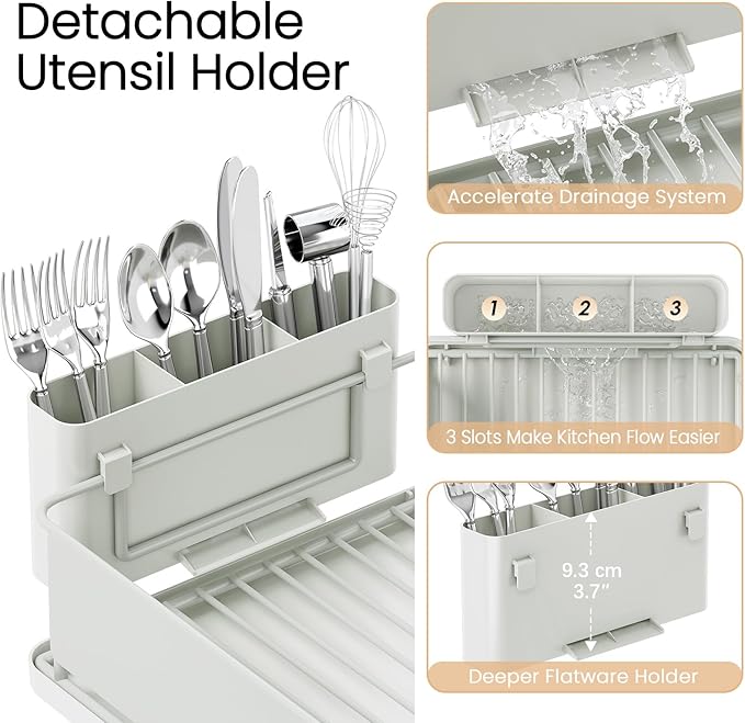 Dish Drying Rack Large Capacity - Stainless Steel Dish Rack for Kitchen Counter with Drain Board, Rustproof Dish Drainer with Auto Drain Spout, Utensil Holder & Glass Holder, Dinnerware Organizer
