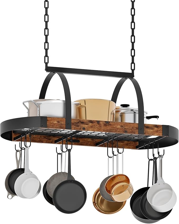 CHOEZON Hanging Pot Rack, Pot Hanger for Kitchen, Ceiling Mounted Pot Holder, Cookware Organizer with 12 S-Shaped Hooks, for Pot, Pan Storage, Space-Saving, Rustic Brown and Black TPR08BFC1