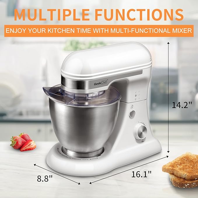 Geek Chef Electric Stand Mixer, 4.8QT 12 Speeds Tilt-head Food Mixer with Dough Hook, Whisk, Beater, Bowl, Rotary Knob for Home Kitchen Use, Silver White