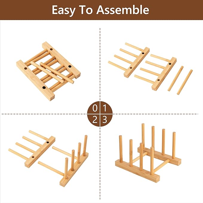 HBlife Bamboo Dish Plate Bowl Cup Book Pot Lid Cutting Board Drying Rack Stand Drainer Storage Holder Organizer Kitchen Cabinet（Keep Dry）