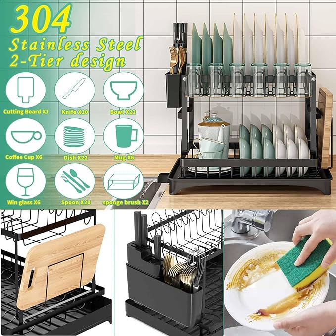 XLMYS Dish Drying Rack, 2 Tier Large Dish Drying Rack for Kitchen Counter with Drainboard Stainless Steel Dish Drainer for Dish/Knifes/Cup/Cutting Board, Black