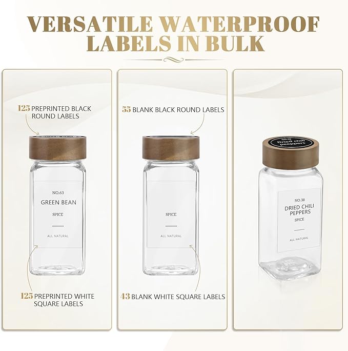 ZEHIQ 30Pcs 4oz Square Glass Spice Jars with Moisture-Proof Acacia Wood Lids, Food-Grade Seasoning Containers with Shaker Lids, 348 Labels, Markers, Funnel & Brush for Pantry Cabinet Drawer Storage