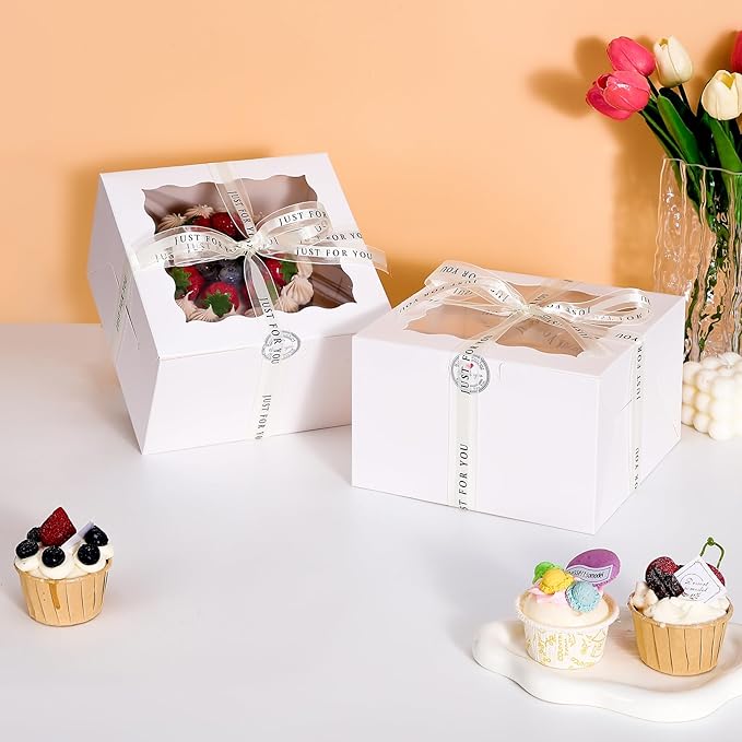 6x6x5 Cake Box, 28 Sets White Cake Box with Window ＆ 28Sets 6" Cake Round Boards, 6inch Cake Containers. (White, 665inch/28pcs)