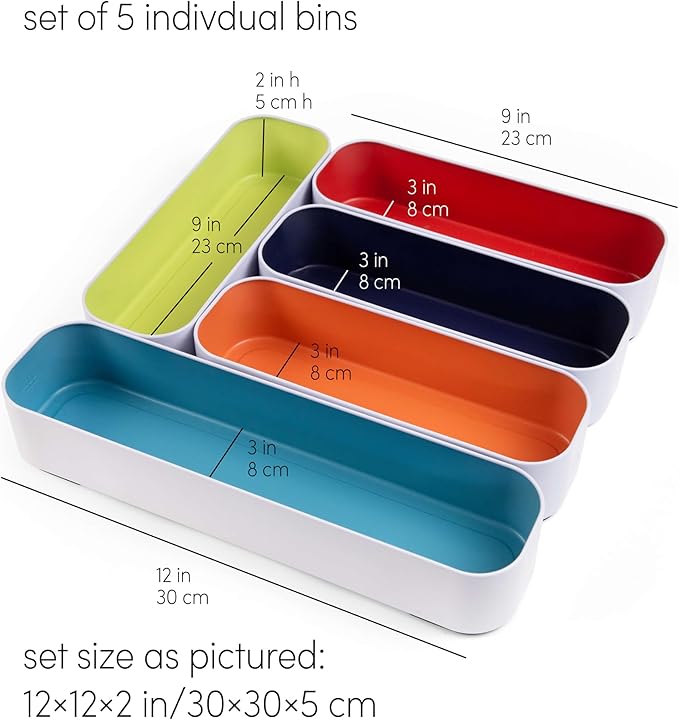 Three by Three Seattle 5-Piece Metal Stacking Drawer Organizers – Large, 2" Deep, Food-Safe – Stylish Kitchen Drawer Storage (Multi Color)