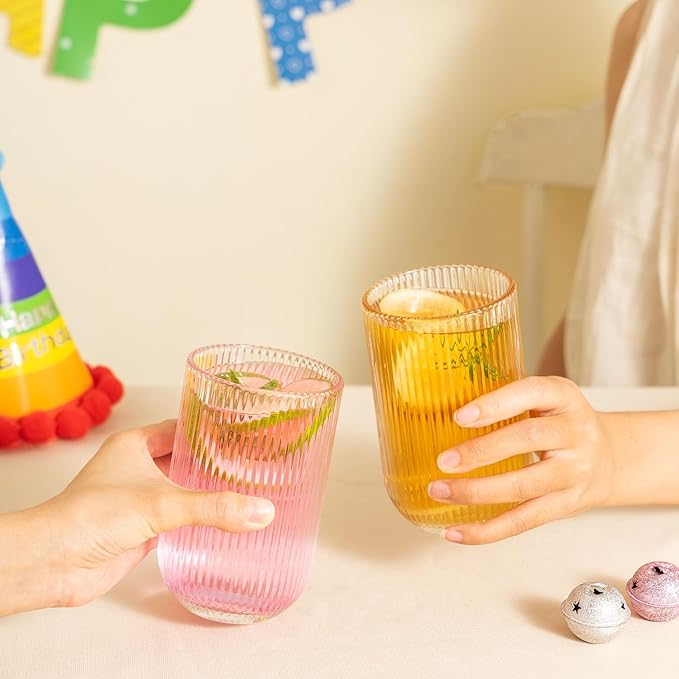 Ribbed Drinking Glasses 8pcs, Rocks Drinking Glasses 12oz and 10oz, Tumbler Glasses Cup Set for Wedding, Party, Christmas Gift, Clear