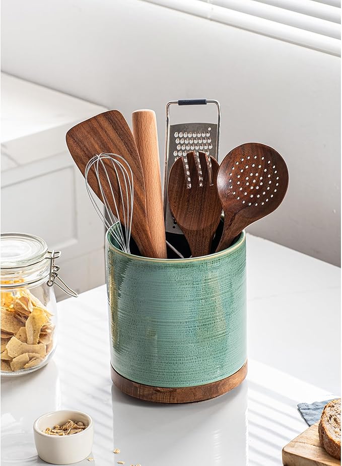 Utensil Holder, 360° Rotating Extra Large Ceramic Kitchen Utensil Holder for Countertop, 7.3“ Cooking Utensil Crocks for Kitchen Counter with Rotatable Wooden Base, Farmhouse Decor, Forest Green
