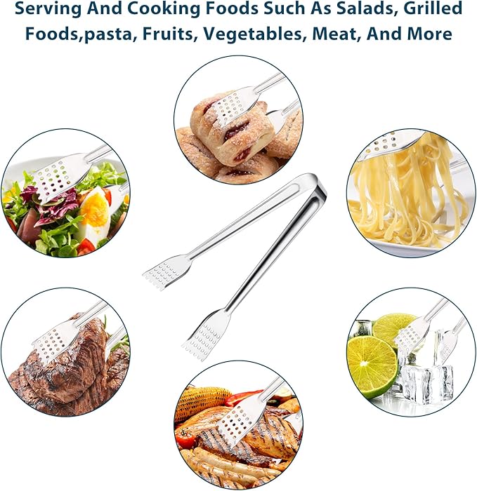 8 Pack Serving Tongs, 9 Inch, Silver, Stainless Steel, Ideal for Parties & Daily Use