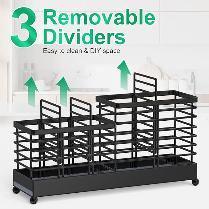 TomCare Utensil Holder with Water Absorbent Diatomite Stone 3 Removable Dividers Large Silverware Organizer Sturdy Cooking Utensils Organizer Caddy Metal kitchen Organizers and Storage for Counter