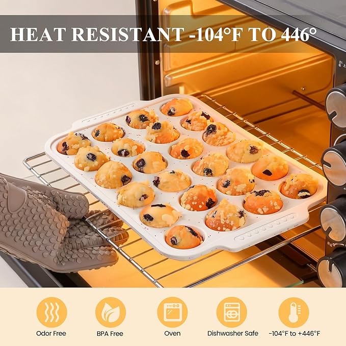 Vinino Silicone Cupcake Pan Set with Metal Reinforced Frame, Regular 12 Cup and Mini 24 Cup Muffin Pans for Baking with Non-Slip Handle, Nonstick Muffin Tray for Oven, BPA Free, Dishwasher Safe