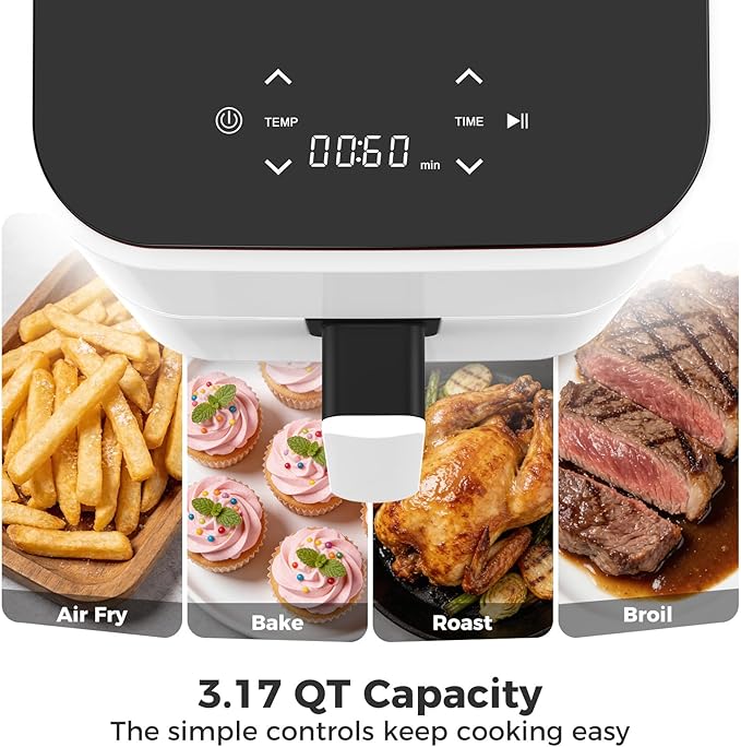 OLIXIS 3QT Air Fryer, Small Air Fryer with Digital PP Touch Panel, 400℉ Max Temp, Overheat Protection and Auto Shut-off, Nonstick and Dishwasher Safe Basket for Roast, Bake, Broil, Reheat, White