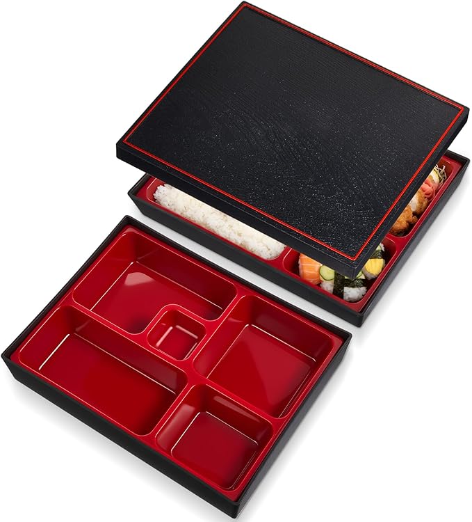 Teenyyou 2 Pcs 10.6 x 8.3 x 2.2 Inch Japanese Bento Box 5 Compartments Divided Lunch Box with Greaseproof Adult Japanese Bento Lunch Container Sushi Home Restaurant