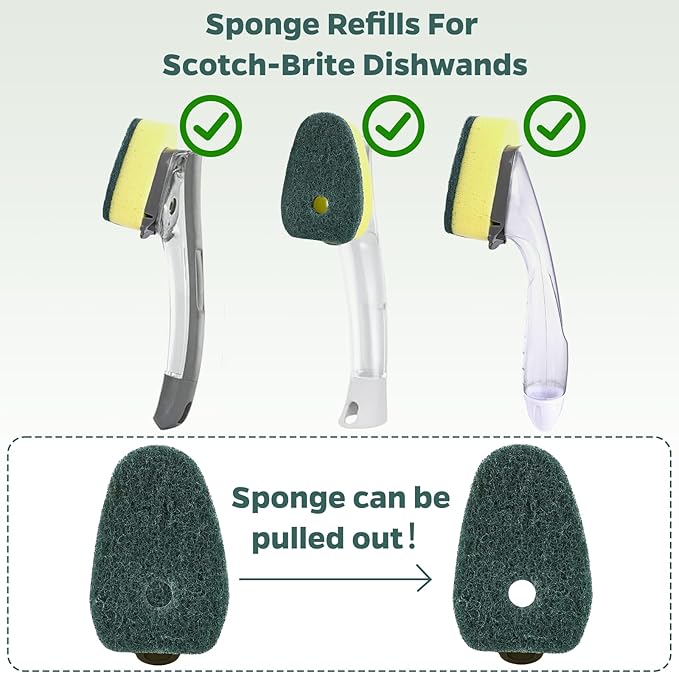 Sponge Dishwand Brush Refills for Scotch-Brite Dishwand - 10 Pack Dish Soap Non-Scratch Brush Refills for Nonstick Pots and Pans, Glass & Tubs（Green