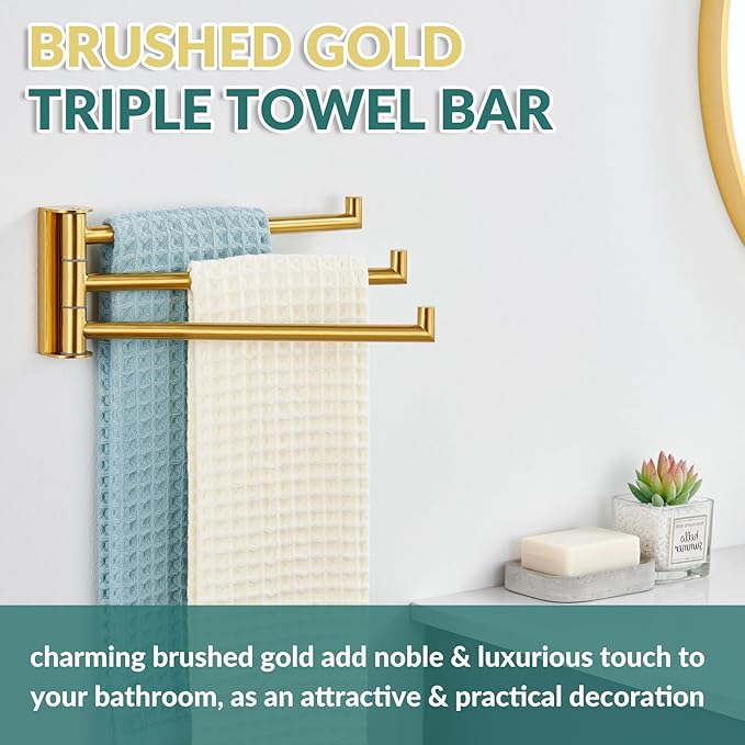 APLusee Swivel Towel Rack for Bathroom Door Wall Mounted, Swivel Towel Bar with 3 Rotating Arms 304 Stainless Steel, Flexible Kitchen Wall Hanging, Brushed Gold