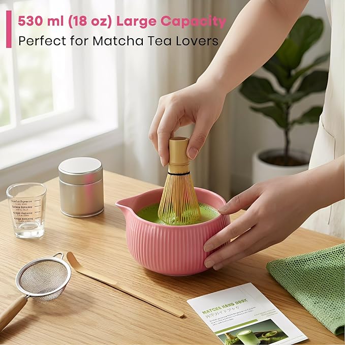 Matcha Whisk Set, 15PCS Ceramic Matcha Bowl Kit, Includes Bamboo Whisk & Holder, Glass Measuring Cup, Caddy, Sifter, Scoop, Tea Towel, Tea Mat, Making Sets for Lovers, Pink