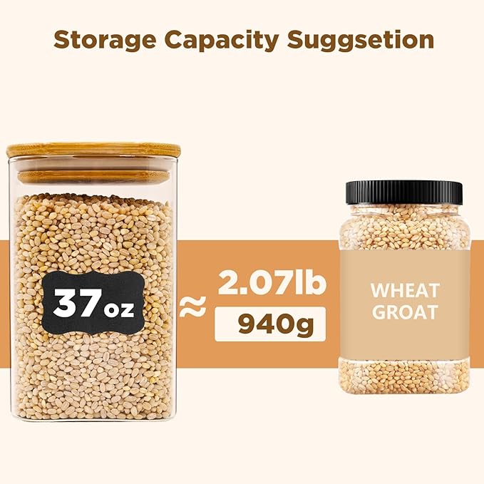 SHOWIN Glass Food Storage Jars Square 37oz, 4 Pack Glass Jars With Bamboo Lids, Kitchen Storage Containers For Spice, Candy, Cookie, Storage For Pantry Organizers