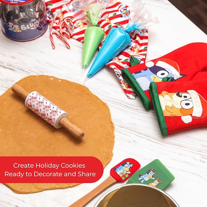 Handstand Kitchen Bluey Holiday Baking Set with Bluey and Bingo Cookie Cutters, Rolling Pin, Spatula and Flipper
