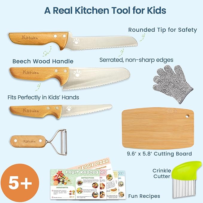 Kibbidea Kids Safe Knife set for Real Cooking, 11-Piece Kids Cutting Board & Kitchen Knife Set, BPA-free, Stainless Steel Blade, Wooden Handle, Peeler & Gloves, Serrated Child Friendly Chef Knives.