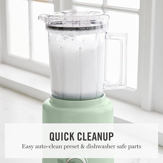 Martha Stewart 50oz Countertop Blender, Smoothie, Margarita & Ice Crushing Blender, BPA-Free Pitcher, 3 Speeds, 5 Presets, Auto-Clean Function, Dishwasher Safe, Stainless Steel Blades, Honeydew Green