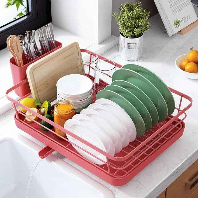 Kitsure Dish Drying Rack for Kitchen Counter, Stainless Steel Sink Organization and Storage Essentials with Cutlery Holder, Home and Appartment Decor, 12''W x 15.5''L, Red