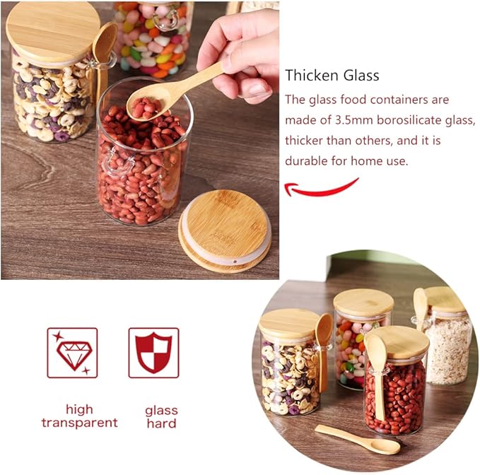 4 Pack Glass Containers with Lids and Spoons, Overnight Oat Container with Lids Glass, Oatmeal Jar with Spoons, Meal Prep Jars for Yogurt, Chia Pudding (Round 4PCS)