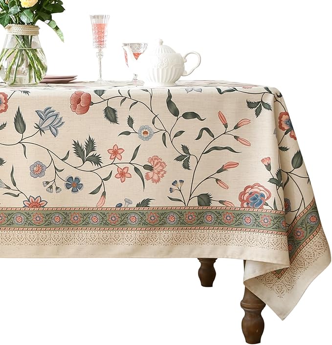 ISAENNE Designer Chinoiserie Linen Floral Small Rectangular Tablecloth,White Wrinkle Resistant Table Cloth,Elegant Decor Tablecloths for Dining Thanksgiving Kitchen Party,55"*71"-Daffy