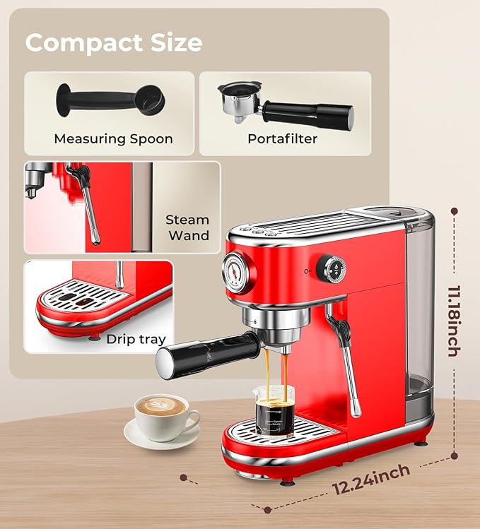 atatix 20 Bar Espresso Machine with Milk Frother, Compact Espresso Maker, Stainless Steel Coffee Machine with Precise Temp Control & 44oz Removable Water Tank for Latte, Cappuccino, Red