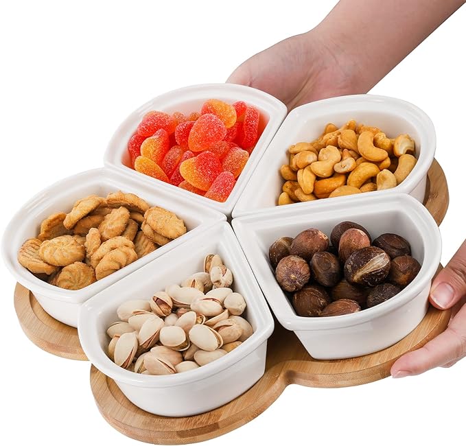 yarlung Lazy Susan Divided Serving Dishes Appetizer Tray, 5 Removable Ceramic Snack Bowls with Lids and Bamboo Platter, Relish Tray Nuts Dishes for Chips, Fruits, Candy