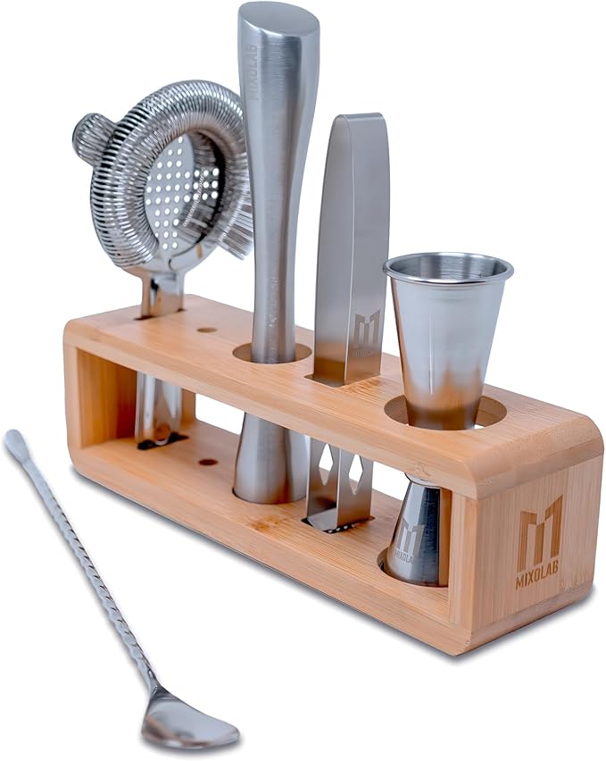 Bar Tool Set, Premium 6-Piece Bartender Tools – Effortlessly Mix Cocktails After a Long Day – Includes Jigger, Strainer, Muddler, Ice Tongs, Spoon, and Holder (Shaker Not Included)
