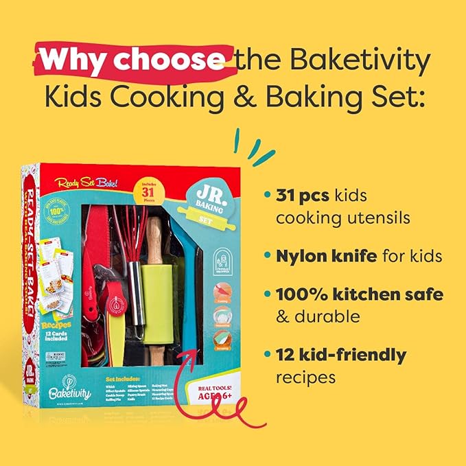 Baketivity All-In-One Kids Cooking Tool Set and Unicorn Rainbow Cookies Kit Bundle - Learn Basic Baking Skills with Duff Goldman DIY Cookie Making Kit - Best Cooking Set Gift for Little Junior Chefs