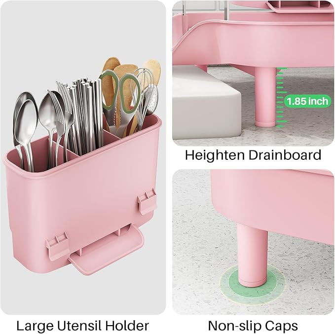 SAYZH Dish Drying Rack - Expandable Dish Rack for Kitchen Counter, Rust-Resistant Dish Drainer with Utensil Holder and Raised Guardrail, Kitchen Organizer for Cup and Bottle (Pink)