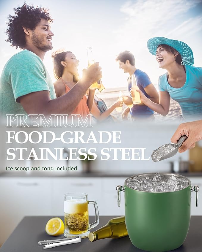 Insulated Ice Bucket, 3L Double Wall Stainless Steel Ice Bucket with Tongs,Lid, Scoop and Strainer, Ice Buckets for Parties,Cocktail Bars, Chilling Beer, Champagne, Wine Bottles，Green