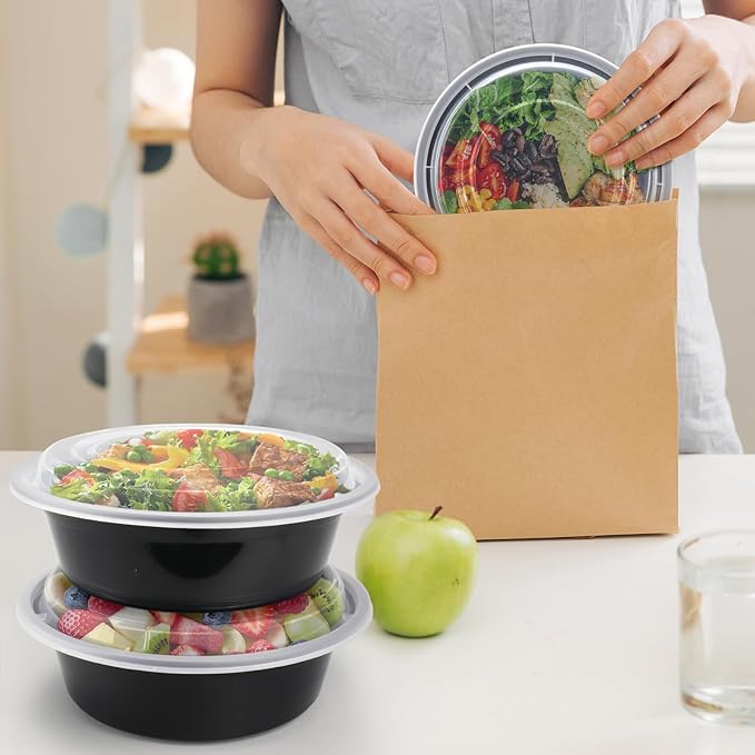 Meal Prep Containers Reusable 32oz - Meal Prep Bowls with Lids 50 Pack, Round Food Prep Bowls for Takeout, Disposable To Go Food Containers, Stackable, Leakproof, BPA-Free, Microwave/Freezer Safe