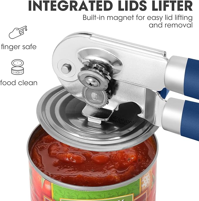 Manual Can Opener, UHIYEE Handheld Can Opener Heavy Duty with High Carbon Sharp Blade, Ease Can Open for Seniors with Comfort Grip Handles, Oversized Turn Knob, Blue