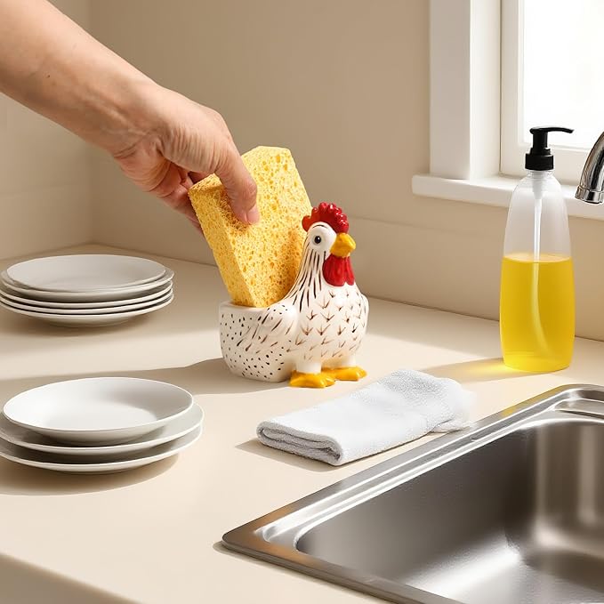 Ceramic Retro White Rooster Shape Sponge Holder for Kitchen Sink, Compact Sink Caddy Organizer, Scouring Pad and Dish Sponge Holder, A