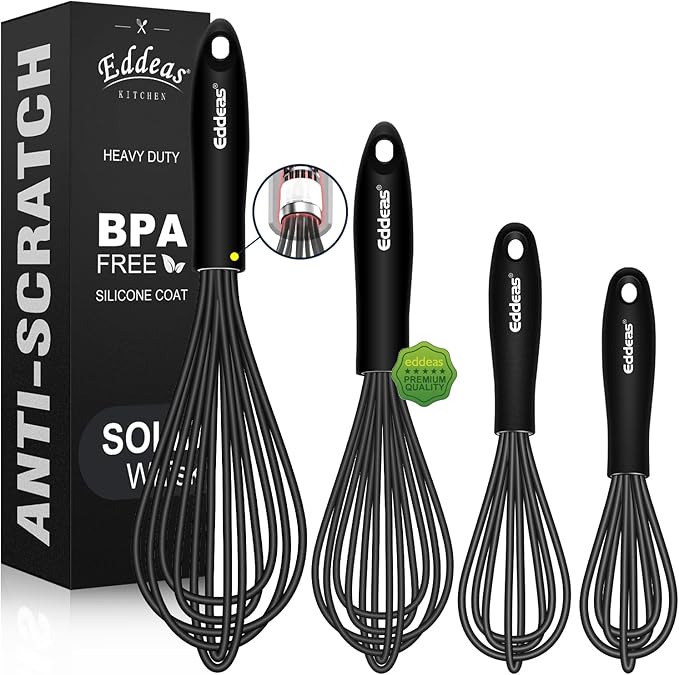 Silicone Whisk - Non Scratch Whisks for Cooking, 500°F Heat Resistant Siliocne Wisk tool, Heavy Duty Kitchen Whisks, for Blending, Beating, set of 4 (5+7+9+11 inch) Black