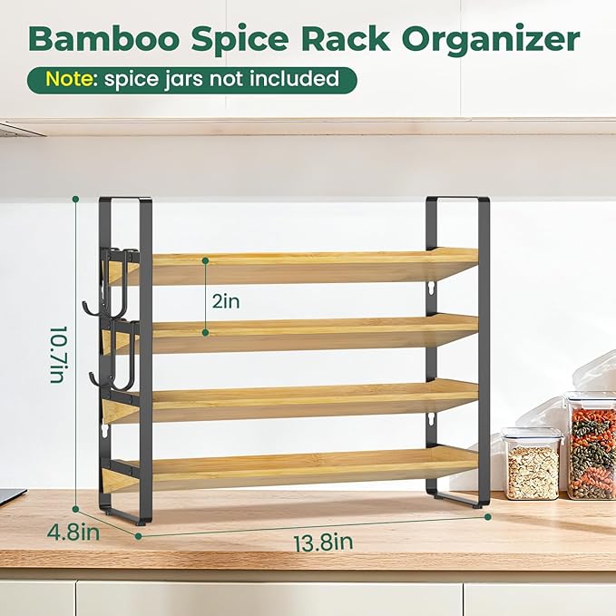 EsLuker.ly Spice Seasoning Rack Organizer Kitchen Countertop, 4 Tier Bamboo Spice Shelf Holder Storage with 4 Hooks, Wall Mounted Freestanding Stand for Pantry, Quick Spice Access(Jars Not Included)
