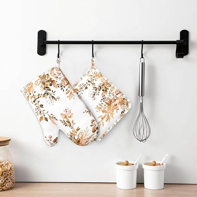 Orange Eucalyptus Oven Mitts and Pot Holders Set, 4pcs Silicone Fall Watercolor Plant Leaves with Floral Oven Glove for Kitchen Heat Resistant Oven Mitts and Potholders Non-Slip for Cooking