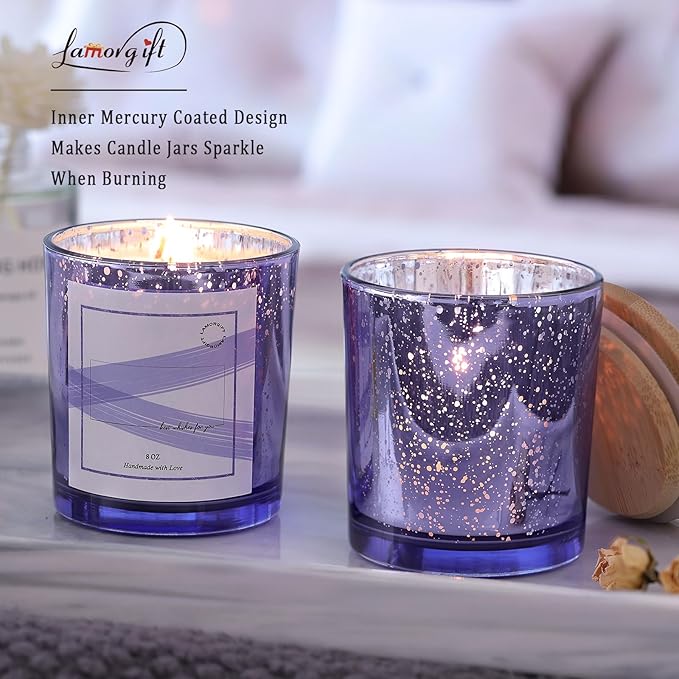 LAMORGIFT 15 Pack Glass Candle Making Jars with Lids (8oz, Purple) - Candle Containers for Making Candles - Mercury Glass Candle Jars Include 20 Pcs Candle Labels
