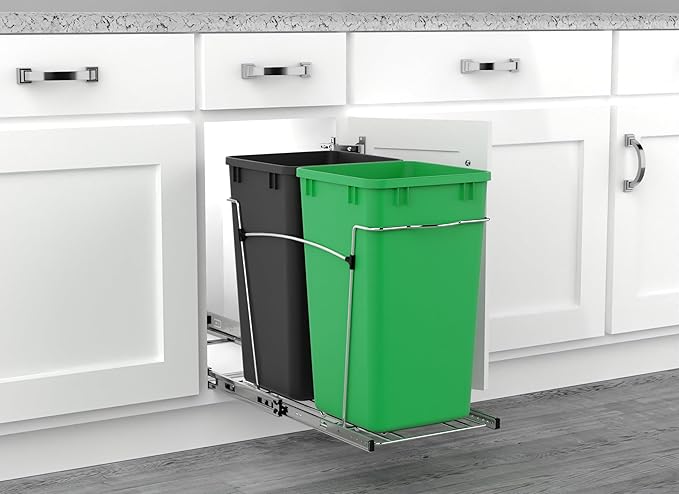 Rev-A-Shelf Pullout Trash Can for Kitchen Cabinets 27 Qt Garbage Recycling Bin with Full Extension Slide, Green/Black, RV-15KD-1918C-S