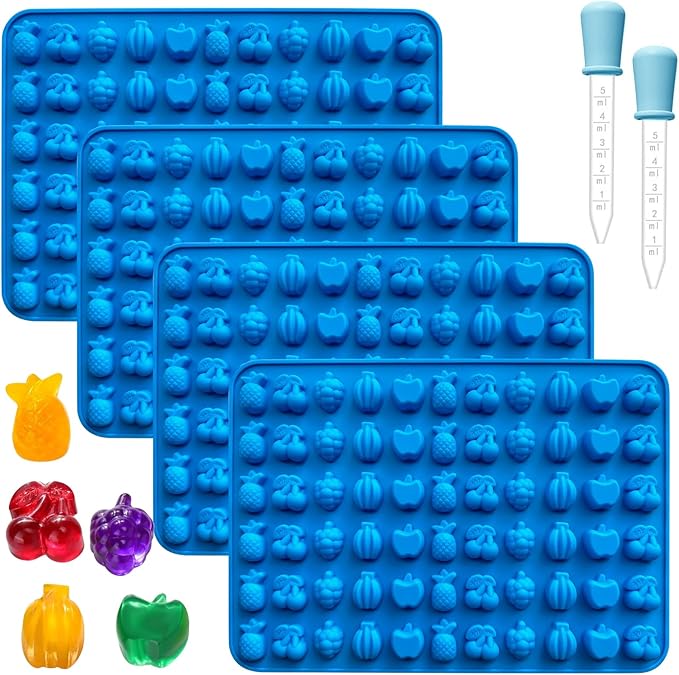 Sidosir 4Pcs Gummy Fruit Candy Molds, Non-stick Silicone Candy Gummy Molds with 2 Droppers