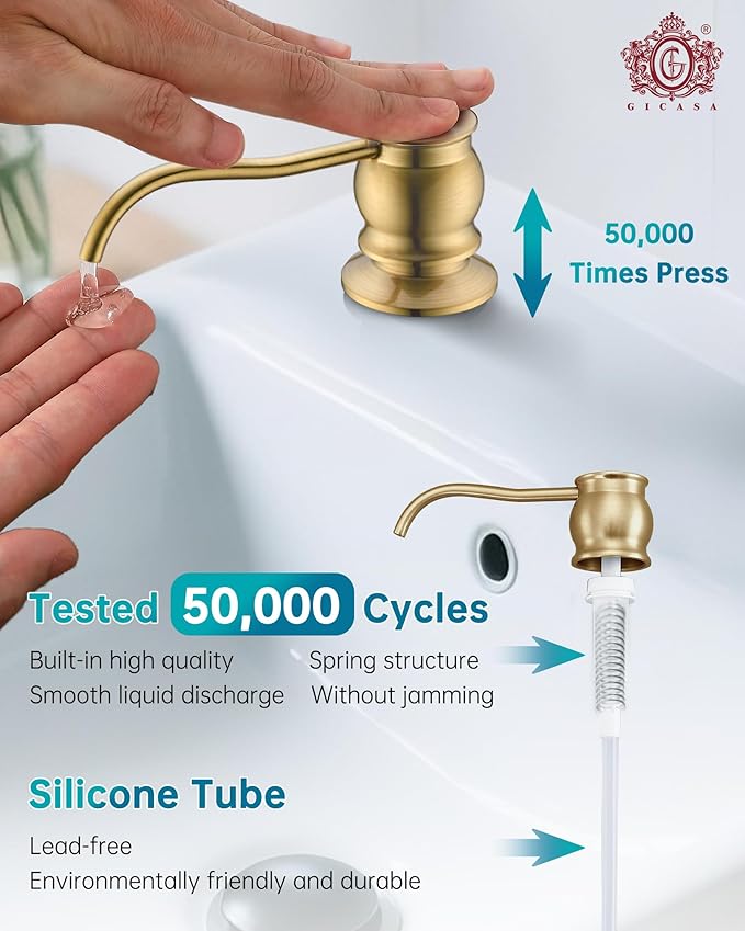 Built in Deck Mount Liquid Lotion Kitchen Countertop Metal Soap Dispenser, Brushed Gold Brass Dispenser Pump with 500ml (17oz) High Capacity Bottle
