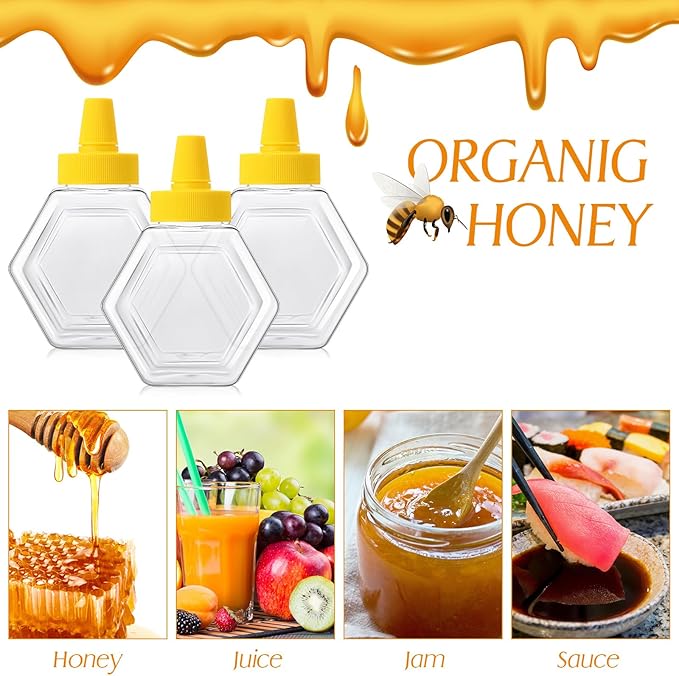 Ziliny 64 Pcs 7 oz Honey Squeeze Bottle Plastic Empty Beehive Bottle Jar with Spout Lid Clear Refillable Honey Containers for Condiment Storing and Dispensing Dispenser (Hexagon)