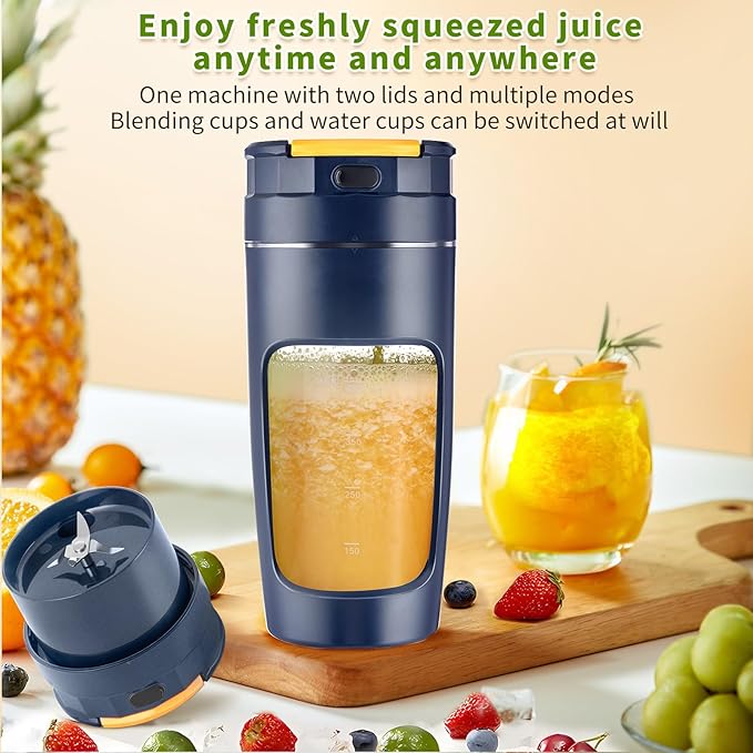 Slim Portable Blender Cup, 20oz (600ml) Personal Travel Juicer with Leakproof Lid, USB-C Rechargeable Licuadora Portatil for Smoothies and Shakes, Auto-Cleaning(dark blue)
