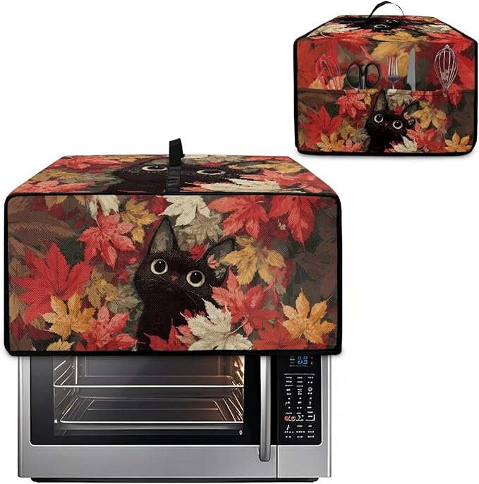 Air Fryer Toaster Oven Dust Cover Dust Protection Countertop Convection Oven Cover Stain-resistant Kitchen Appliance Protector, L, Black Cat Maple Leaf Fall Decor