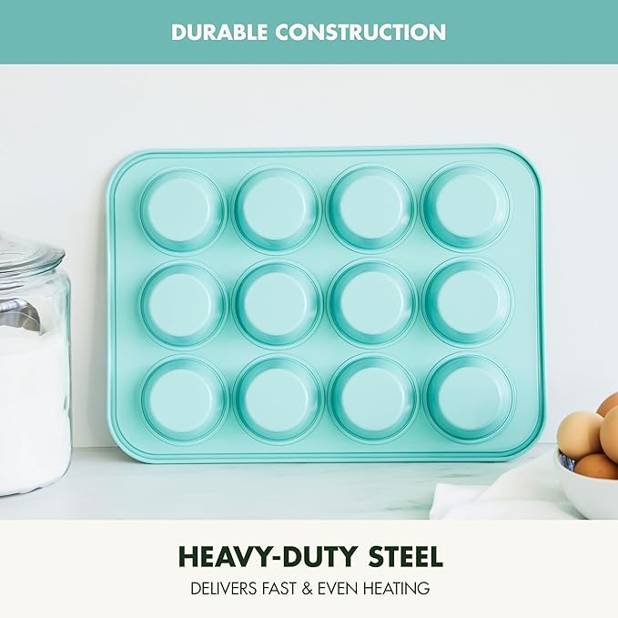 GreenPan Bakewell 12-Cup Muffin Pan, Healthy Ceramic Nonstick Bakeware, PFAS-Free Cupcake Mold, Durable Baking Tray, Versatile Kitchen Essentials, Easy Clean Ovenware, Turquoise